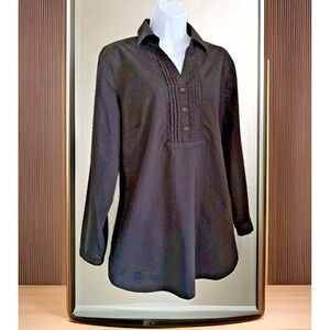 Chico's Tunic Top 2/Lg Black Pintuck Button Up Long Roll Tab Sleeves Casual Top